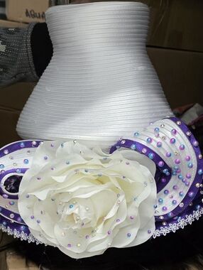 White & Purple Embellished Wide-Brim Hat with White Rose